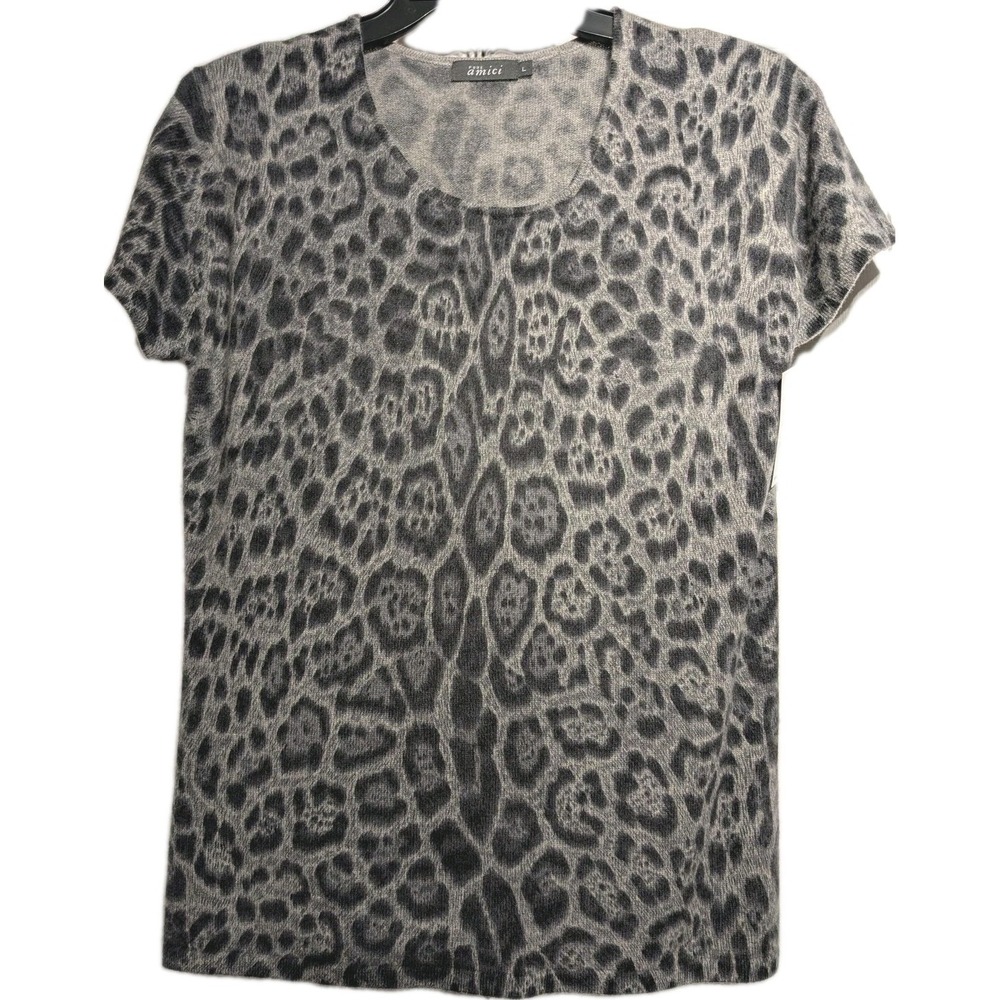 Pure Amici Sweater Women L Gray Leopard 100% Cashmere Short Sleeve NWT